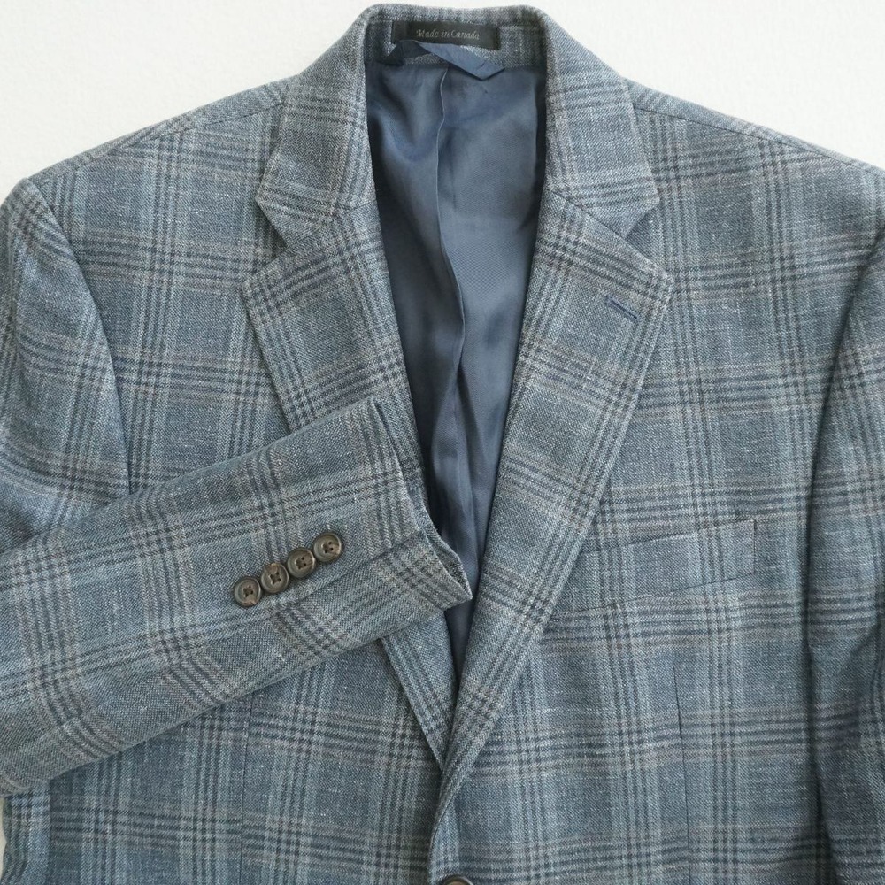 Lauren Ralph Lauren Mens Plaid Sport Coat Blazer Blue Gray Wool Silk Linen 38S